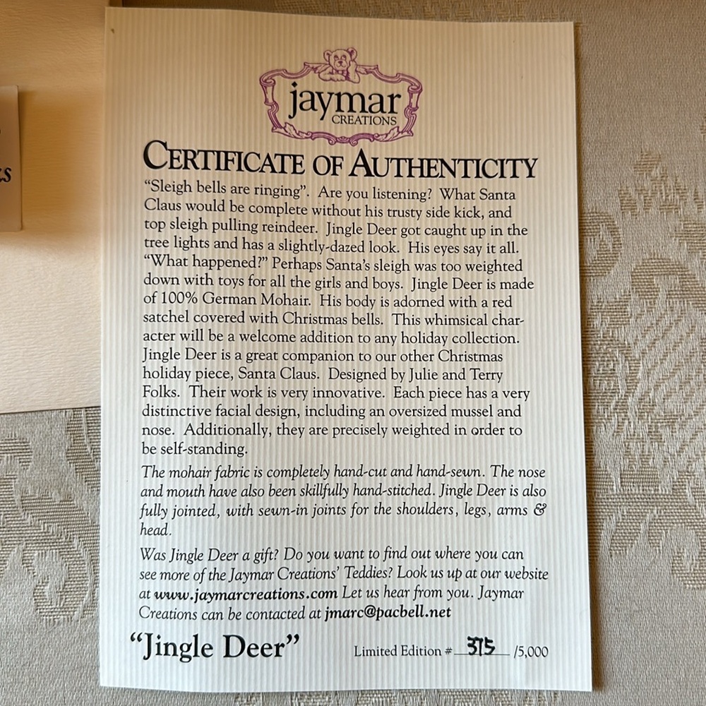 Jaymar Creations handmade Jingle Bear “Jingle Deer” 100% German mohair - Picture 3 of 11
